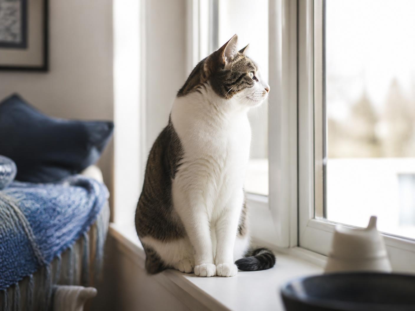 Gato observando con calma desde la ventana