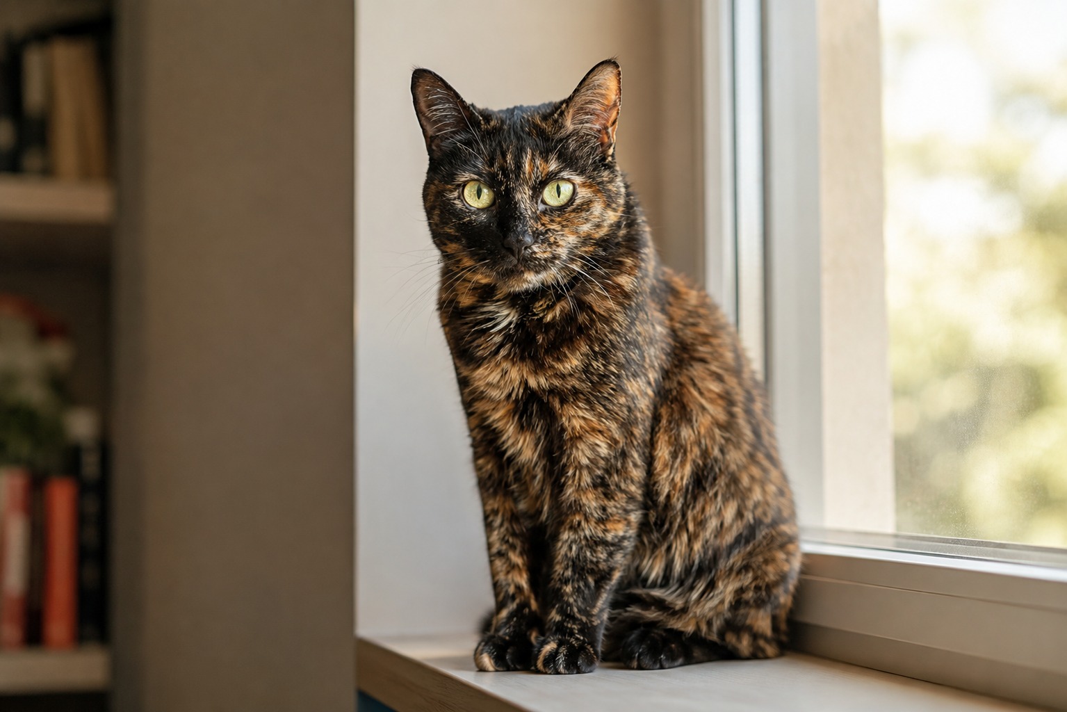 Gato sentado en el alféizar de una ventana con luz natural, mirando a la cámara